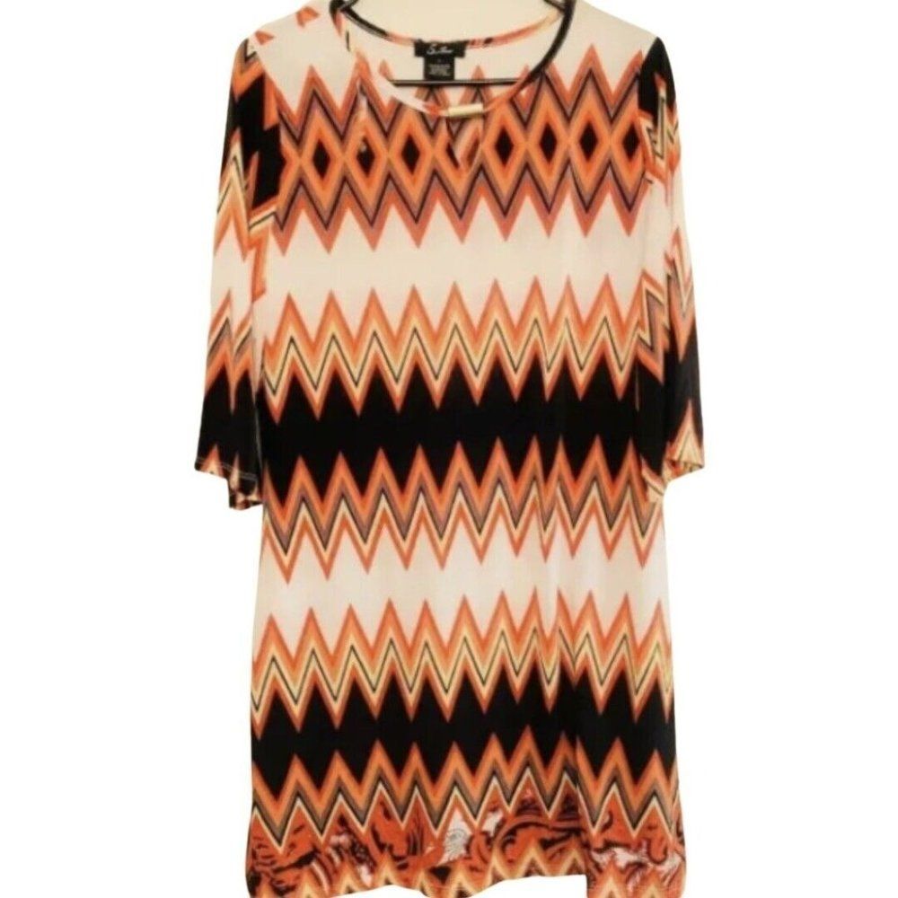 5TH & LOVE KNIT Orange Stripes Argyle Scoop Neck Summer Dress 3/4 Sleeves Large